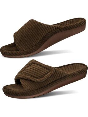 Women's Brown Orthopedic Arch Support Slippers Fuzzy Memory Foam Open Toe Slide